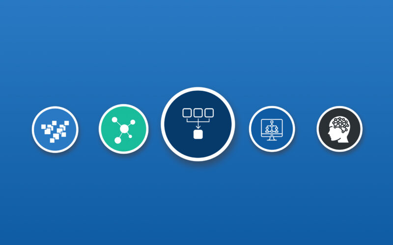 A series of five icons showing analytics data process visualisations